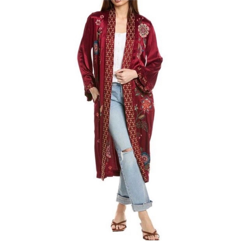Johnny Was Burgundy Embroidered Satin Duster Coat